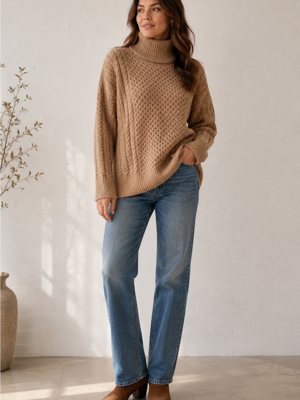 AYR Le Square Merino Wool Turtleneck Sweater XL Oversized Camel Cable Knit